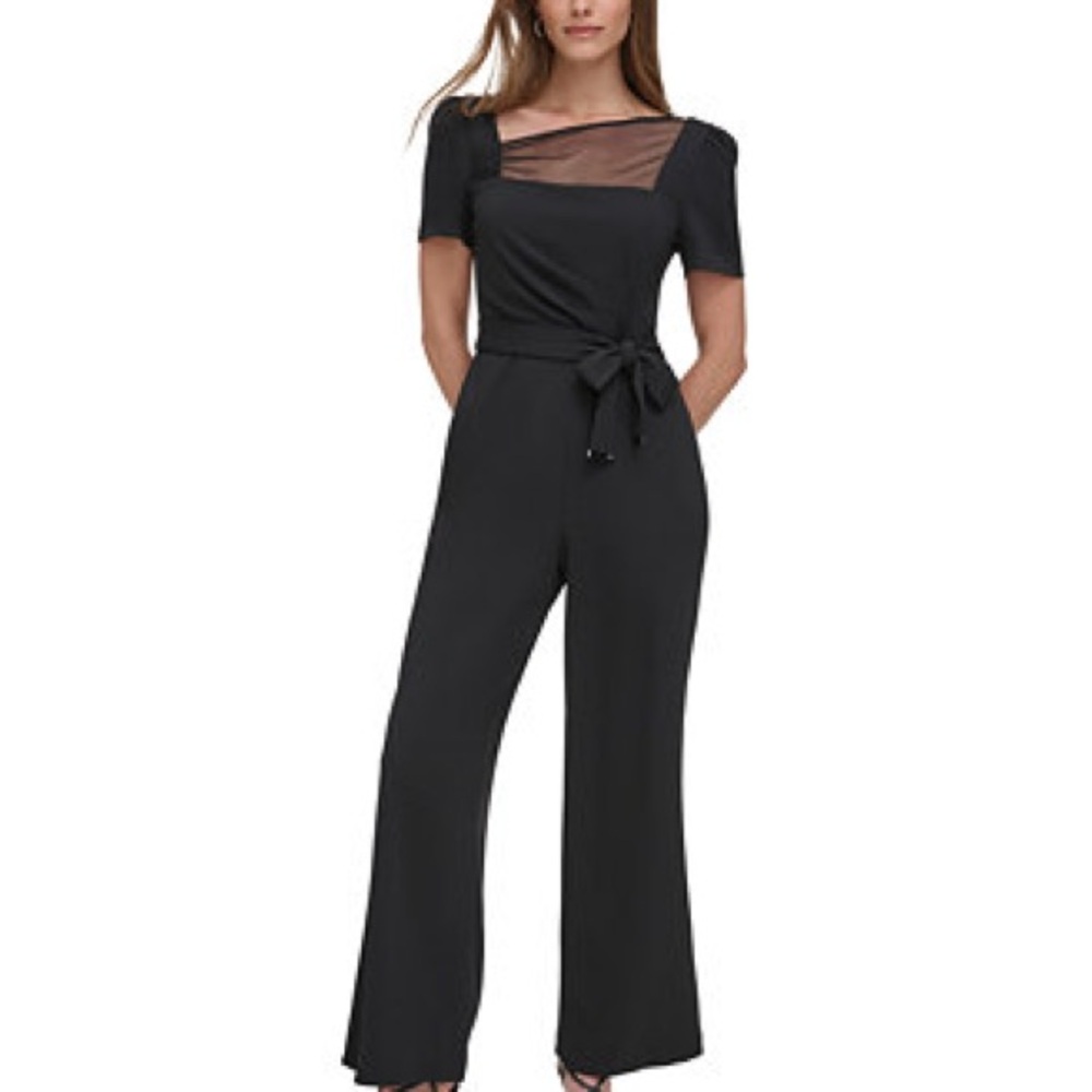 O56 DKNY Elegant Black Sheer Detail Jumpsuit